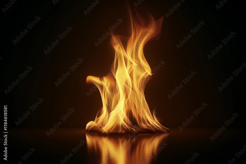 Line of fire flames with reflection on a dark surface. Line of fire flames with reflection on a dark surface.