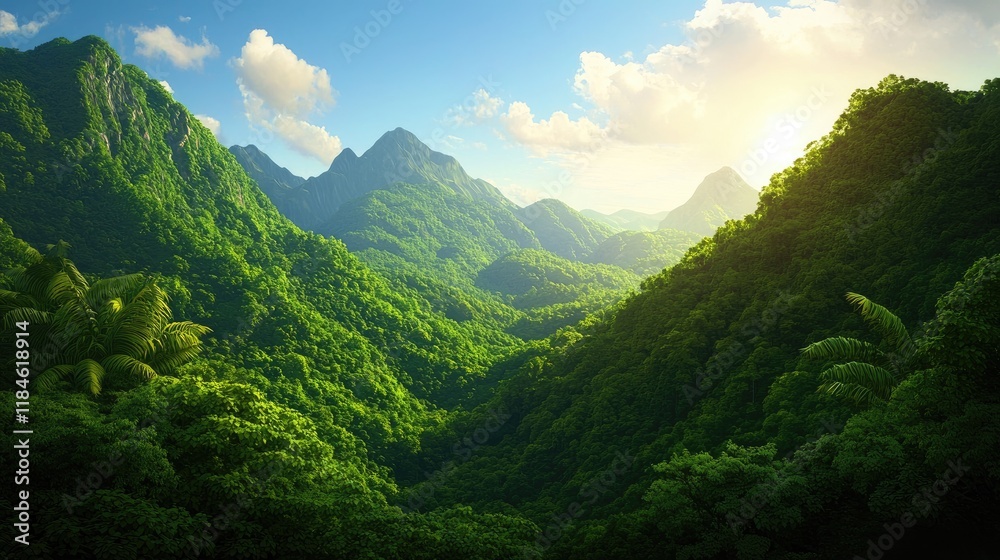 Lush Green Mountain Landscape with Sunlight and Blue Sky Lush Green Mountain Landscape with Sunlight and Blue Sky