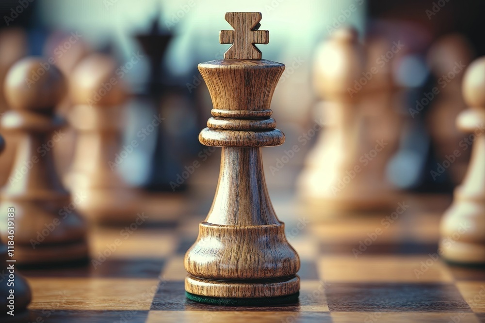 Wooden chess king piece, game board, strategy.