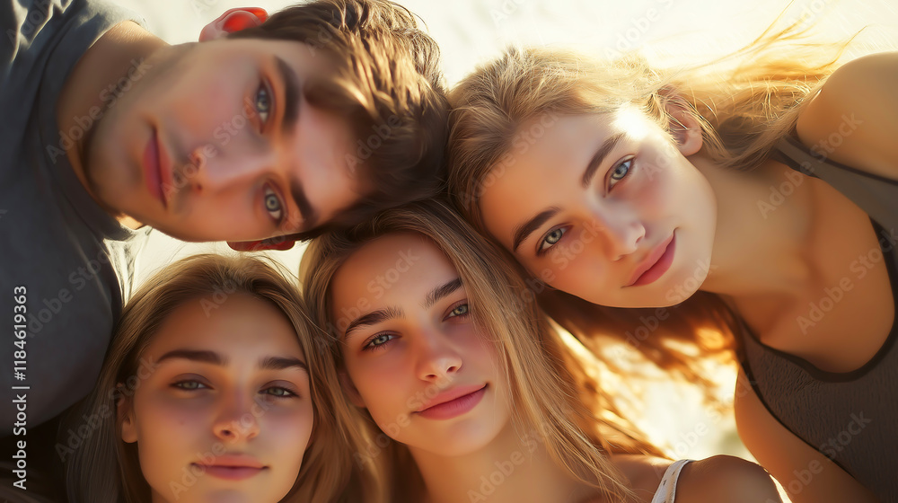 Obraz premium Portrait group of young friends, women and men, Multiracial friends group of young friends bonding outdoors