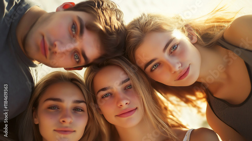 Portrait group of young friends, women and men, Multiracial friends group of young friends bonding outdoors