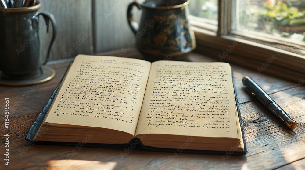 Obraz premium Open antique journal with handwritten notes, pen, and vintage containers on wooden windowsill.