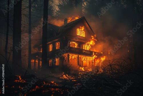 Wooden house on fire in a dense forest with flames and smoke rising. The building on fire.