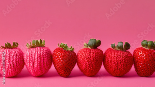 Row of red strawberry fruits made from yarn wool material on pink color background with copy space