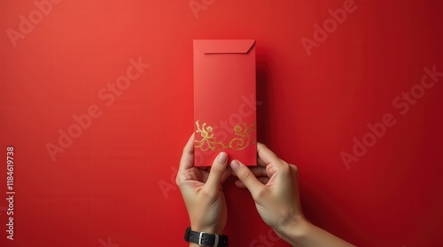 Hand holding mockup red envelope or Angpao. Chinese New Year (imlek), Lunar new year concept