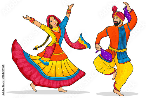 A joyful couple performing the traditional Bhangra dance, dressed in vibrant, colorful attire, celebrating Punjabi culture. The energetic dance is set against a lively, festive backdrop