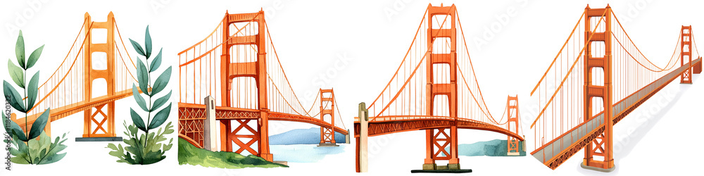 Monument cultural and iconic, A series of illustrations depicting the iconic Golden Gate Bridge in various stages, showcasing its unique architecture and structural components. Monument cultural and iconic, A series of illustrations depicting the iconic Golden Gate Bridge in various stages, showcasing its unique architecture and structural components.