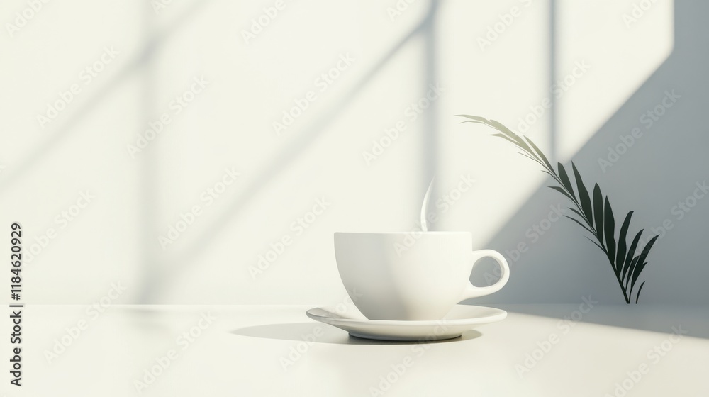 Fototapeta premium Minimalist Coffee Cup on White Table in Sunlight