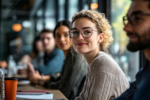 Young woman smiles, glasses on, group meeting.