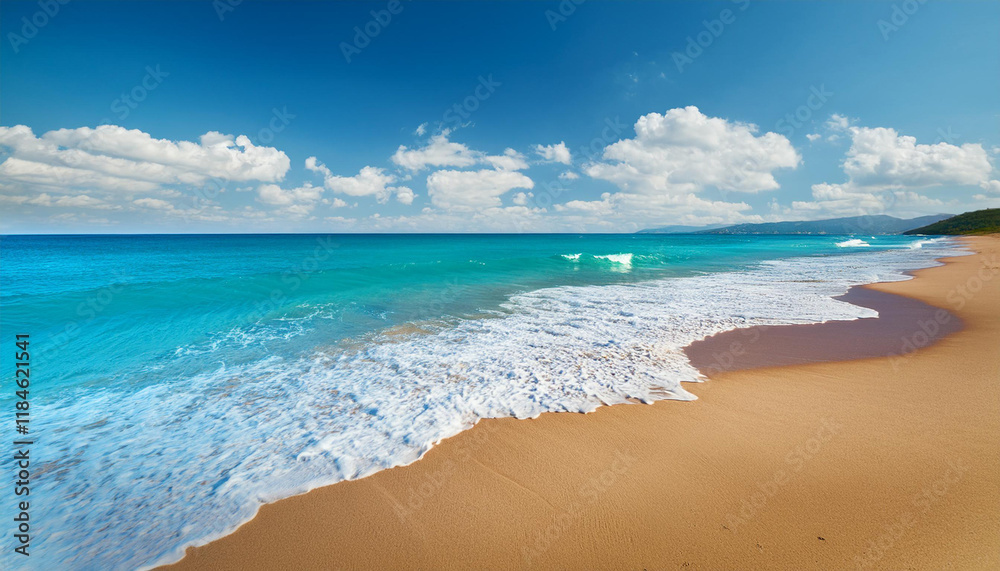 Fototapeta premium colorful summer season landscape with stunning golden sandy beach with mild rolling waves of turquoise sea towards blue sky with clouds