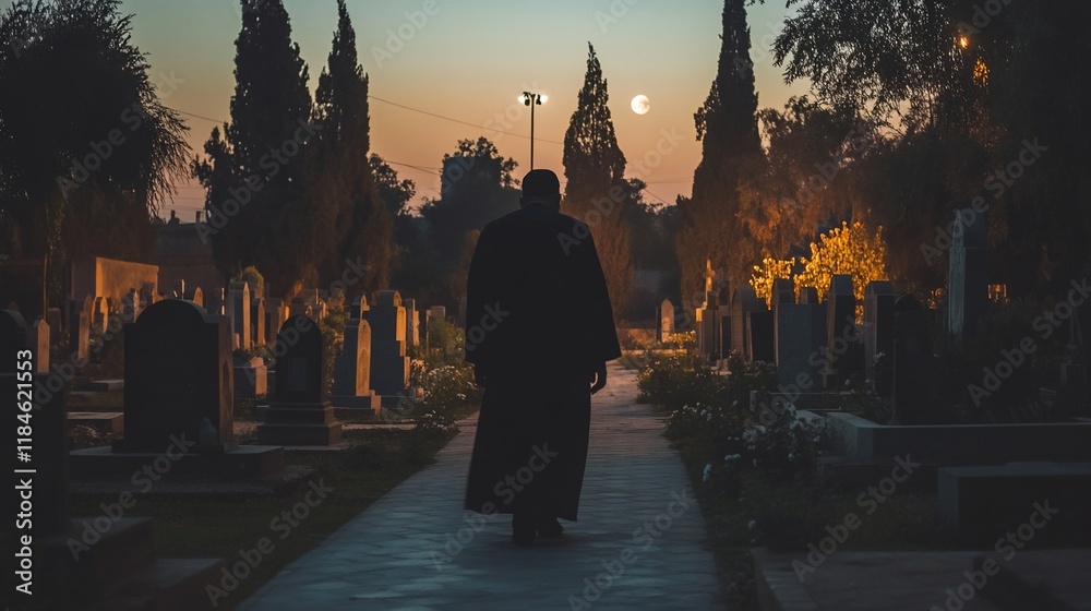 Obraz premium Silhouetted figure walking through a graveyard at twilight.