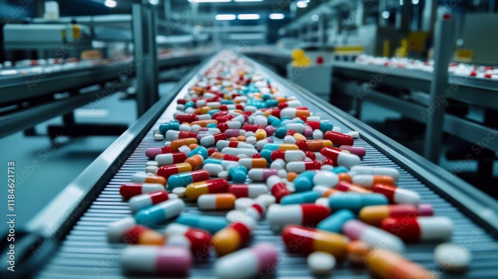 Advanced pharmaceutical factory featuring a high-tech conveyor system. Advanced pharmaceutical factory featuring a high-tech conveyor system.