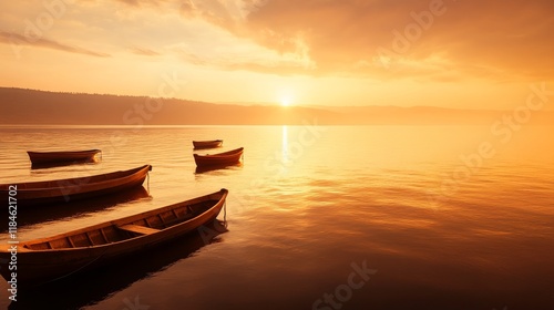 Soft sunlight reflects on calm water as Jesus calls a disciple along the shore, surrounded by fishermen's boats at sunset, evoking a moment of serenity