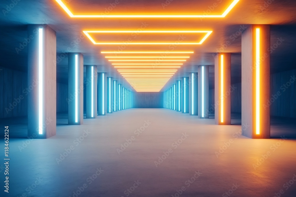 Fototapeta premium Futuristic Architectural Corridor with Vibrant Neon Lighting and Geometric Patterns