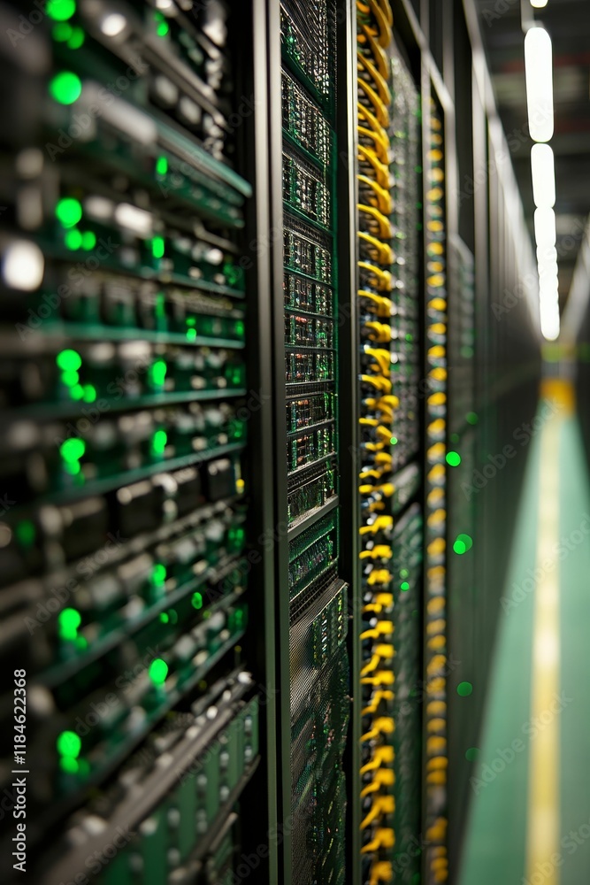 Data center; servers; glowing lights; network cables. Data center; servers; glowing lights; network cables.