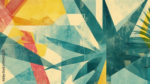 Abstract Tropical Geometric Art Design Featuring Teal Yellow and Red Hues