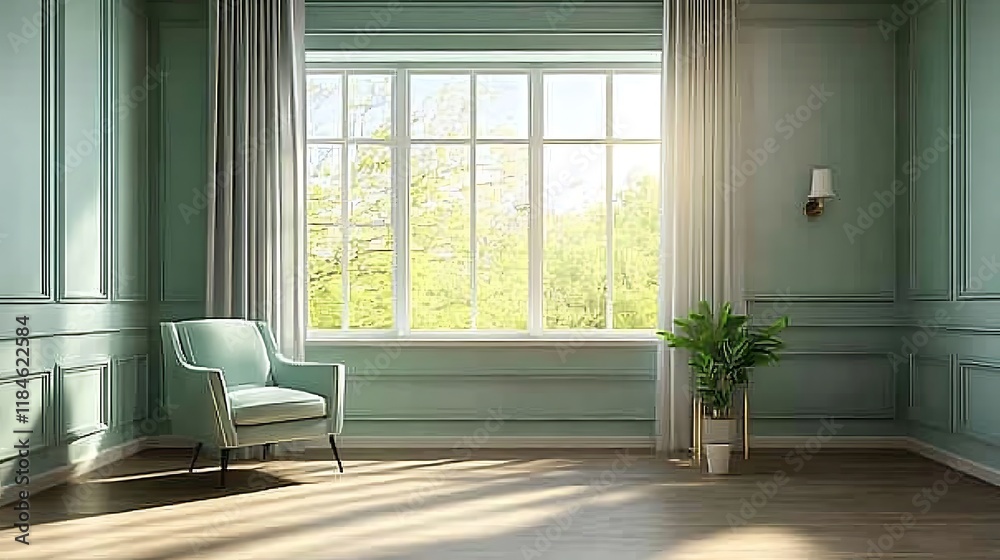 Fototapeta premium Serene Green Room with Sunlight and Comfortable Chair