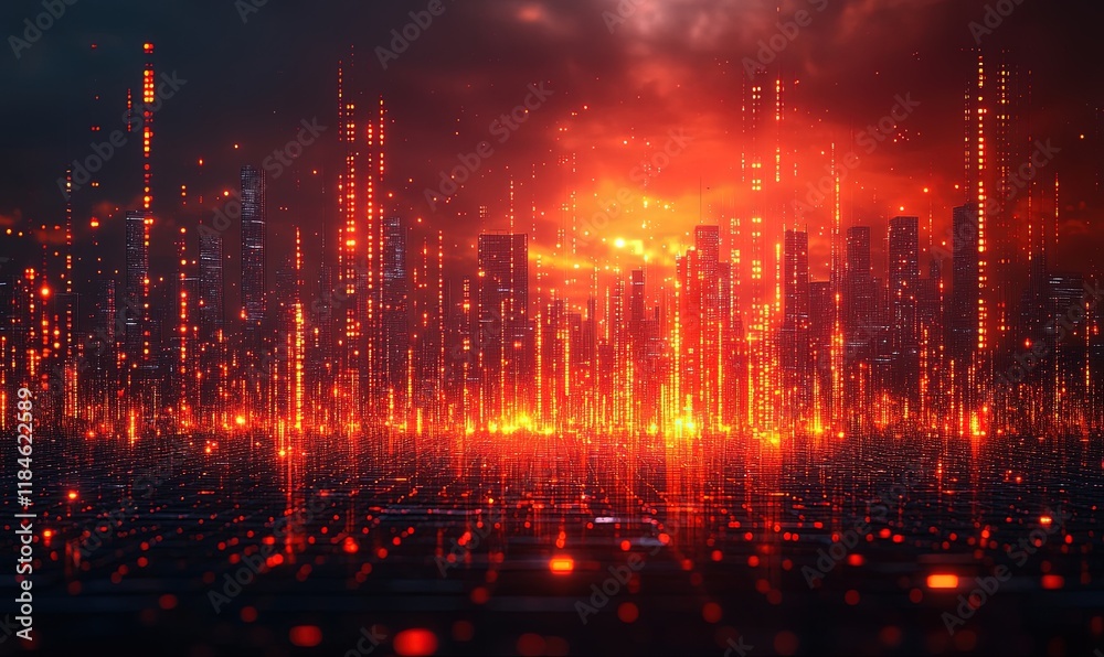 Fototapeta premium A futuristic cityscape with glowing data streams and a fiery sky, evoking a digital landscape.