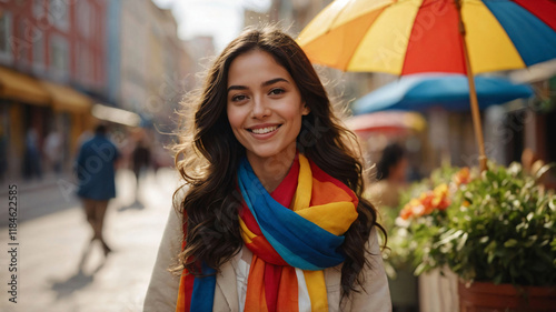 Portrait of smiling Hispanic Latina woman with dark hair. Young pretty hispanic woman wearing colorful scarf is standing  on city street  photo