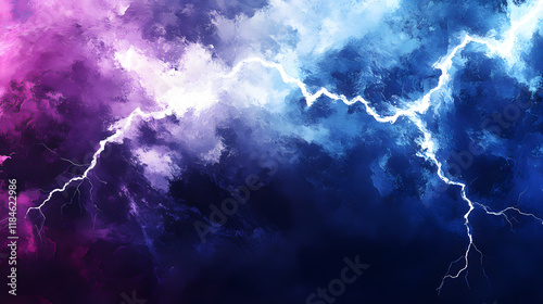 An electrifying abstract depiction of lightning bolts in shades of white, blue, and purple, cutting through a stormy, textured background 