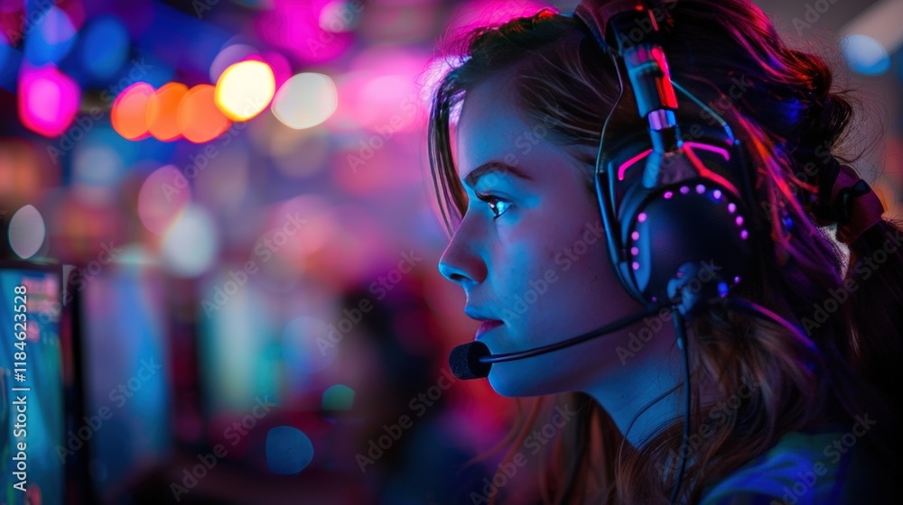 Fototapeta premium Focused female gamer wearing headset plays video game in vibrant esports arena.