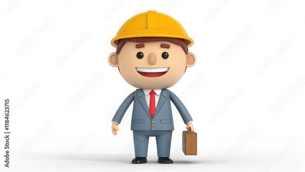Cheerful Cartoon White-Collar Worker in Hard Hat and Suit Holding Briefcase Ready for Labor. Generative AI Cheerful Cartoon White-Collar Worker in Hard Hat and Suit Holding Briefcase Ready for Labor. Generative AI