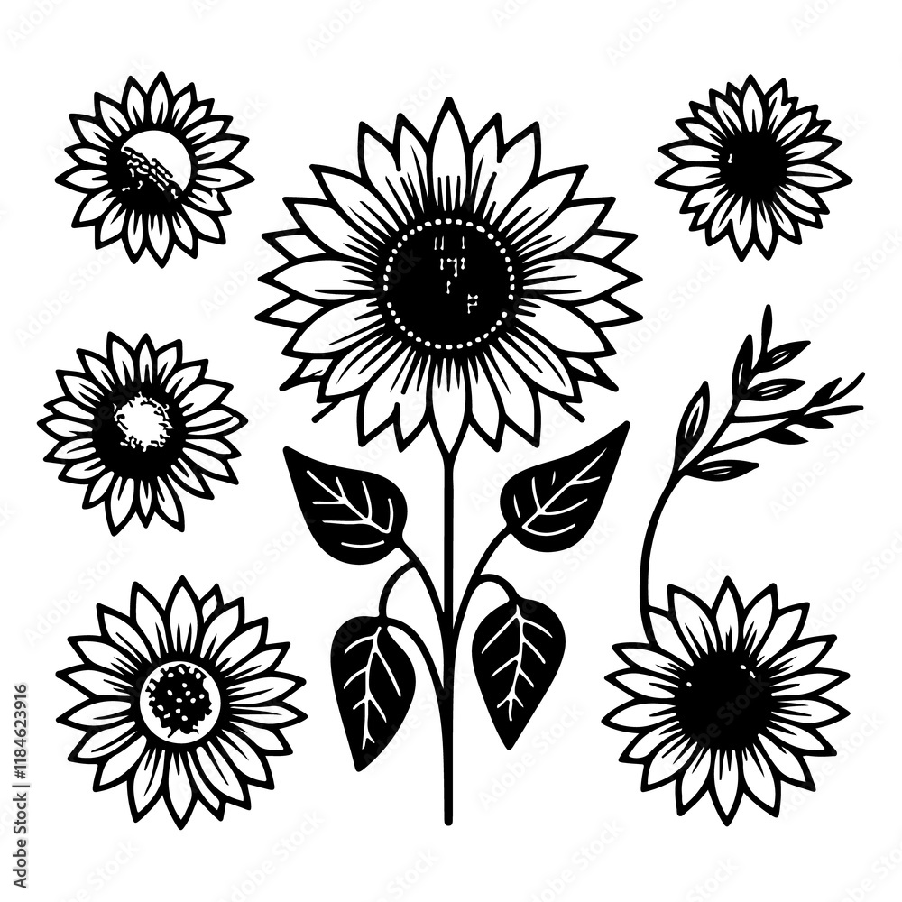 Fototapeta premium Hand-drawn flat design simple sunflower outline vector silhouette