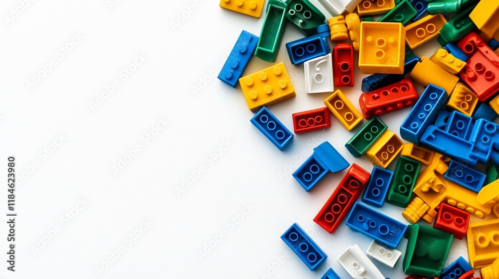 Colorful plastic building blocks scattered on white background. Colorful plastic building blocks scattered on white background.