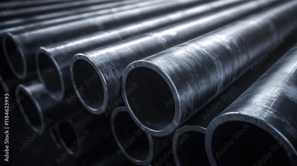 Fototapeta premium Close-up of Shiny Black Pipes Stacked Together