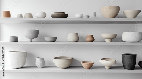 Minimalist ceramic bowls on white shelves.