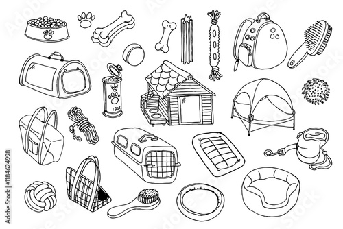 Pet, veterinary shop supplies. Food, toys, bed, cushions, transport bags, house, lead. Hand drawn vector isolated set.