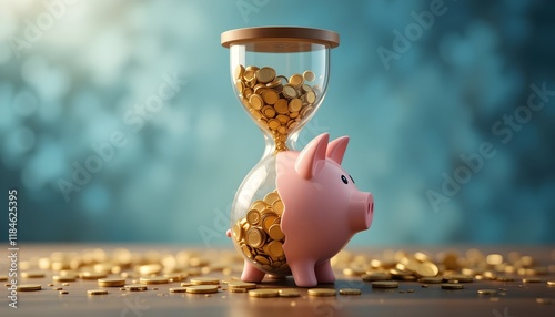 Innovative piggy bank concept showcasing savings, investment, and business growth with an hourglass symbol of time and wealth accumulation.