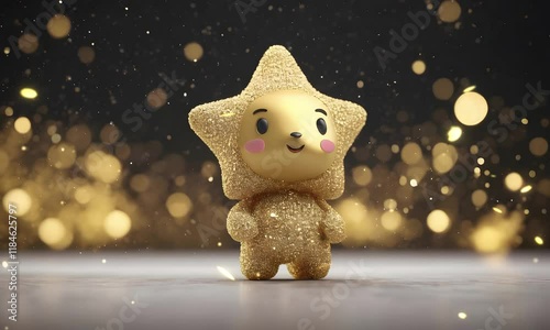 Adorable star-shaped character covered in glitter, standing on a reflective surface with glowing bokeh background, festive concept