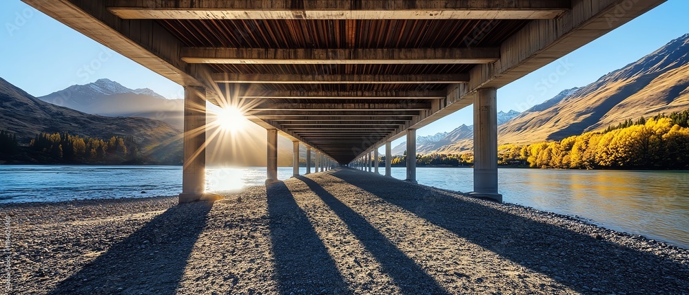 Fototapeta premium Sunlight glimmers under bridge in serene landscape.