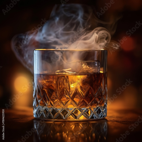 Glass of liquor with ice in it. The glass is half full. The ice is melting and the drink is steaming