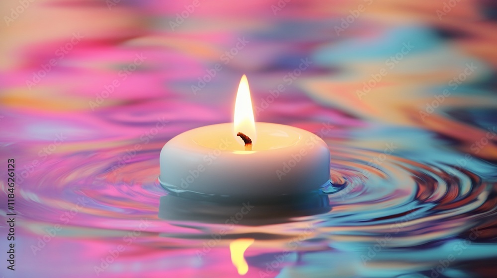 Floating candle with colorful water reflections. Floating candle with colorful water reflections.