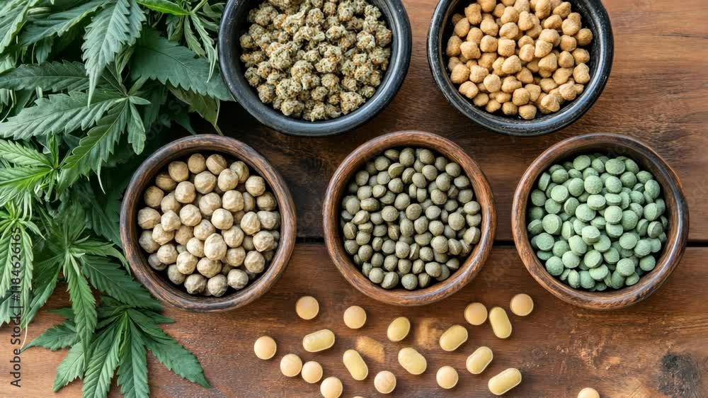 Variety of cannabis products arranged in bowls with leaves on a wooden surface Variety of cannabis products arranged in bowls with leaves on a wooden surface