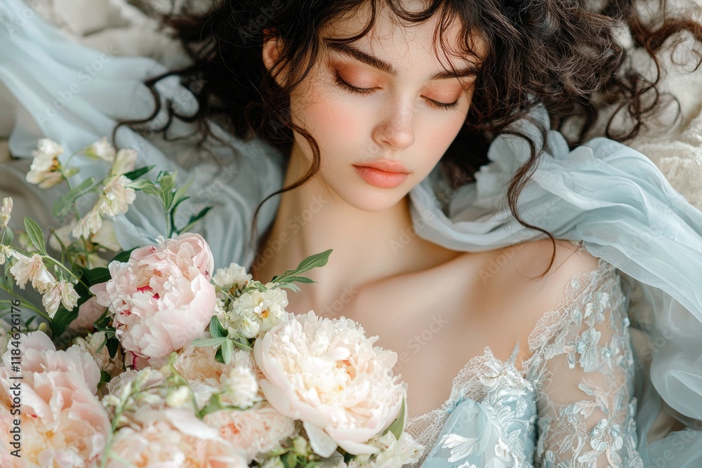 Naklejka premium A serene young woman with curly hair and soft makeup, cradling a bouquet of peonies.
