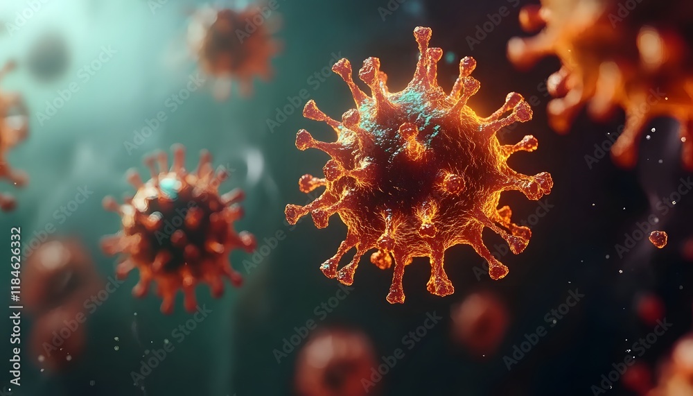 Fototapeta premium Intricate 3D Visualization of Viruses with Bioluminescent Glowing Effects in a Stunning Abstract Environment for Healthcare and Scientific Themes