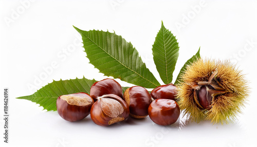 chestnuts with chestnut leafs isolated on white