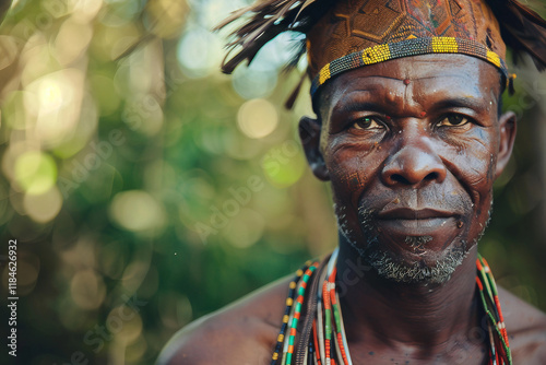 Portrait of african tribal warrior wearing traditional colorful clothes generative AI photo