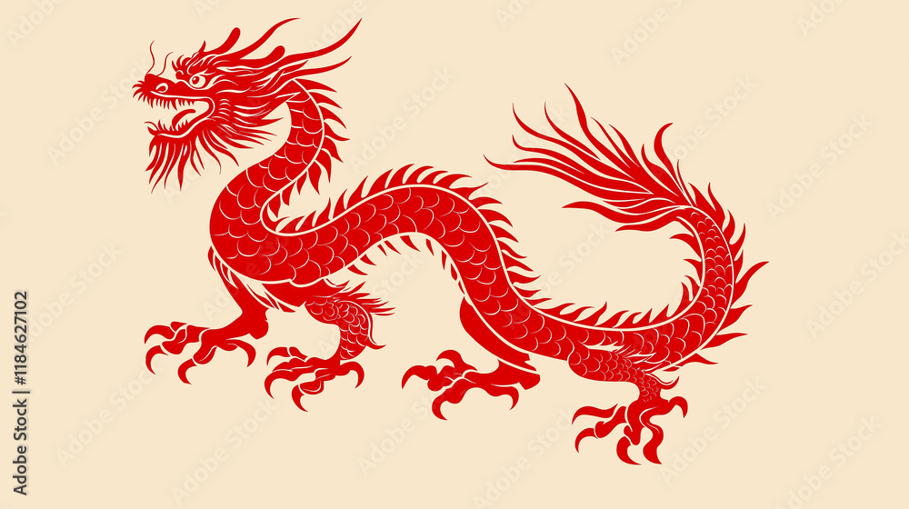 Chinese dragon in red against a light cream or beige background. Chinese dragon in red against a light cream or beige background.