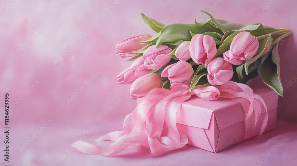 Fototapeta premium Mother's Day concept. Top view photo of stylish pink giftbox with ribbon bow and bouquet of tulips on isolated pastel pink background with copyspace