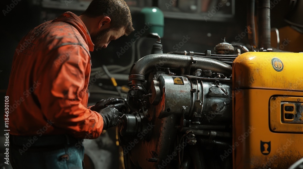 Mechanic Working on a Vintage Tractor Engine