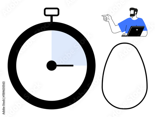 Timer with partial blue section, person with laptop pointing, border of egg shape. Ideal for productivity, organization, deadlines, task management, efficiency, strategic planning workflows