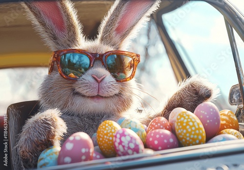 A trendy bunny wearing fashionable sunglasses relaxes in a car loaded with beautifully decorated Easter eggs, radiating a playful spring vibe under clear blue skies. photo