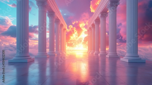 Heavenly Colonnade at Sunset Above the Clouds