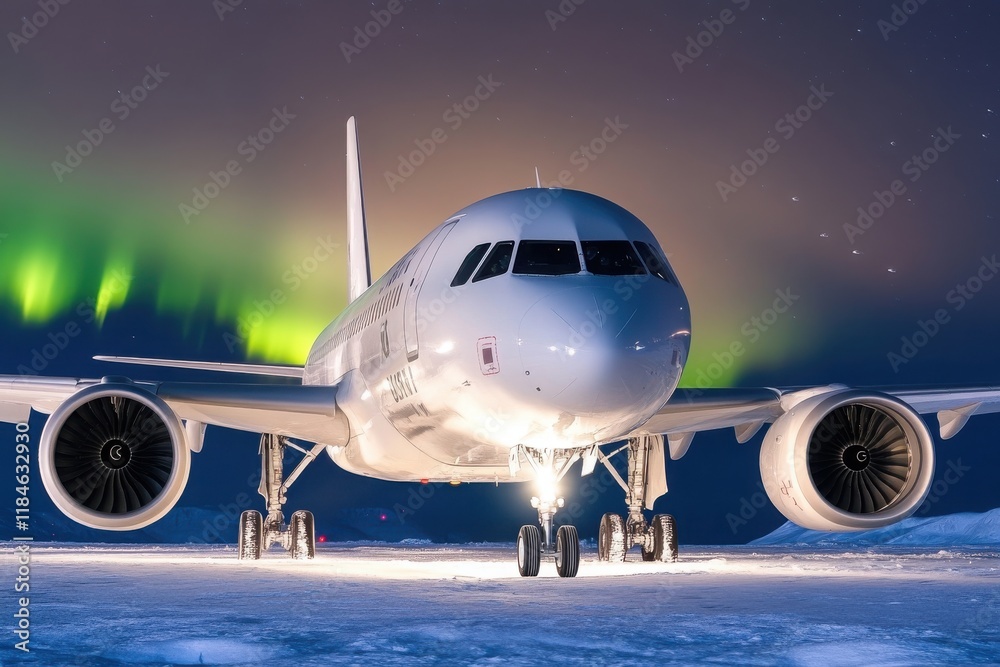 Fototapeta premium Jet Landing with Aurora Borealis Background