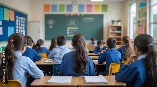 Classroom scene with students seated at desks, focused on the blackboard.