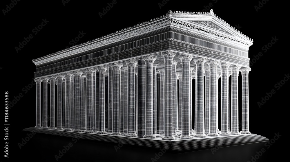Obraz premium Wireframe model of an ancient Greek temple on black background.